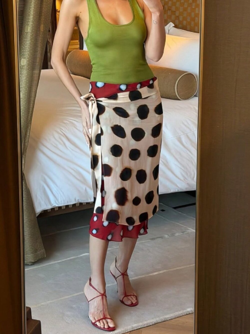 Khaki Casual Women's Polka Dot Wrap Tie Ruffle Bodycon Midi Skirt - Picture 9 of 10